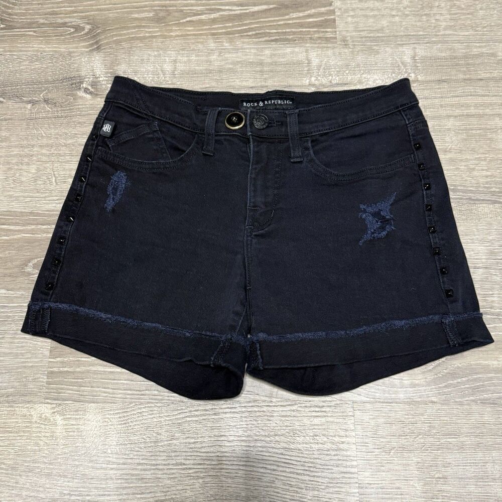 Rock & Republic Jean Shorts 6 Black Distressed Studded Festival Goth Grunge